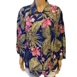 Chico's Linen Women Button Front Shirt Jacket Top Sz 3/XL Floral Blue Pocket